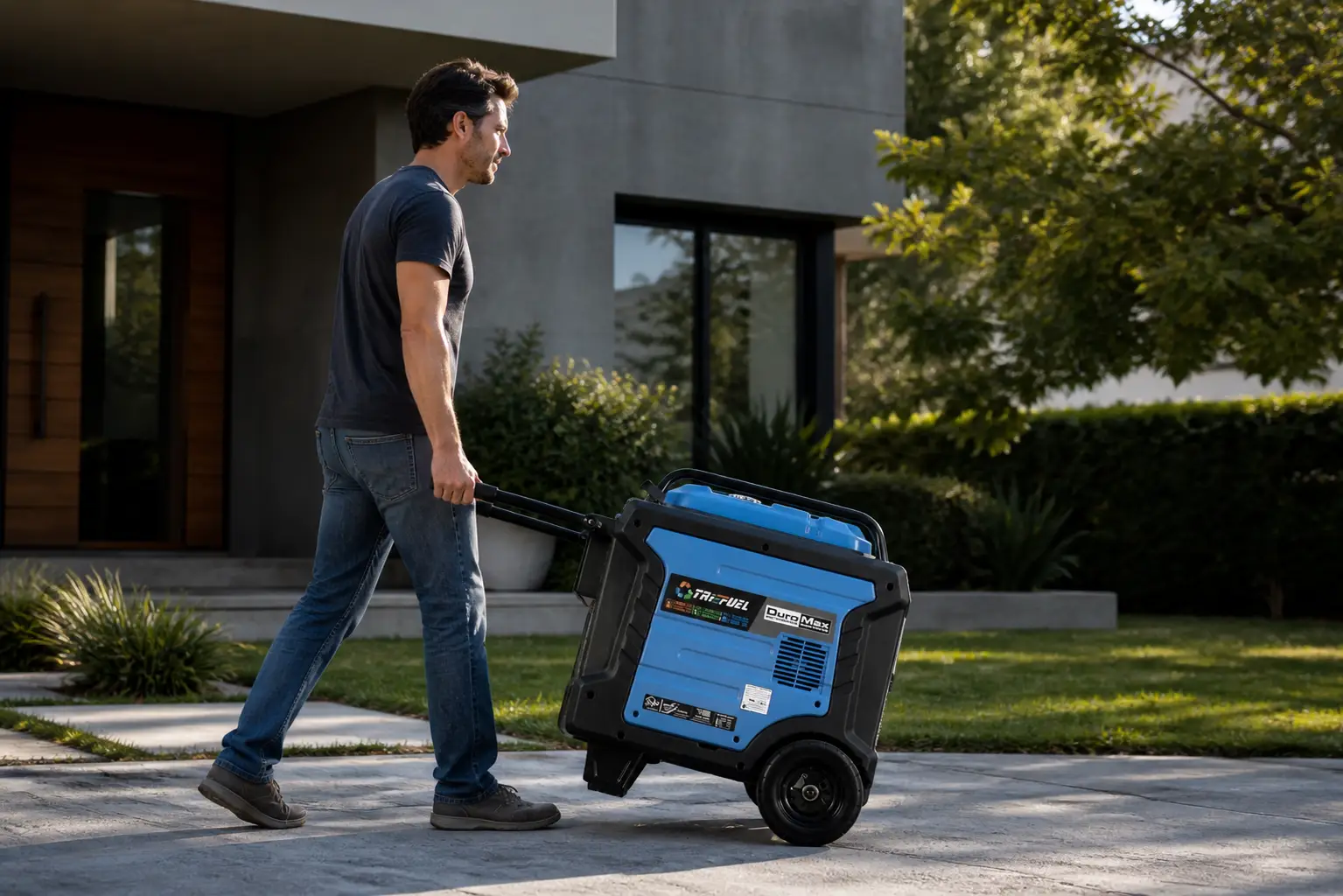 Grupo electrógeno inverter DuroMax en entorno residencial